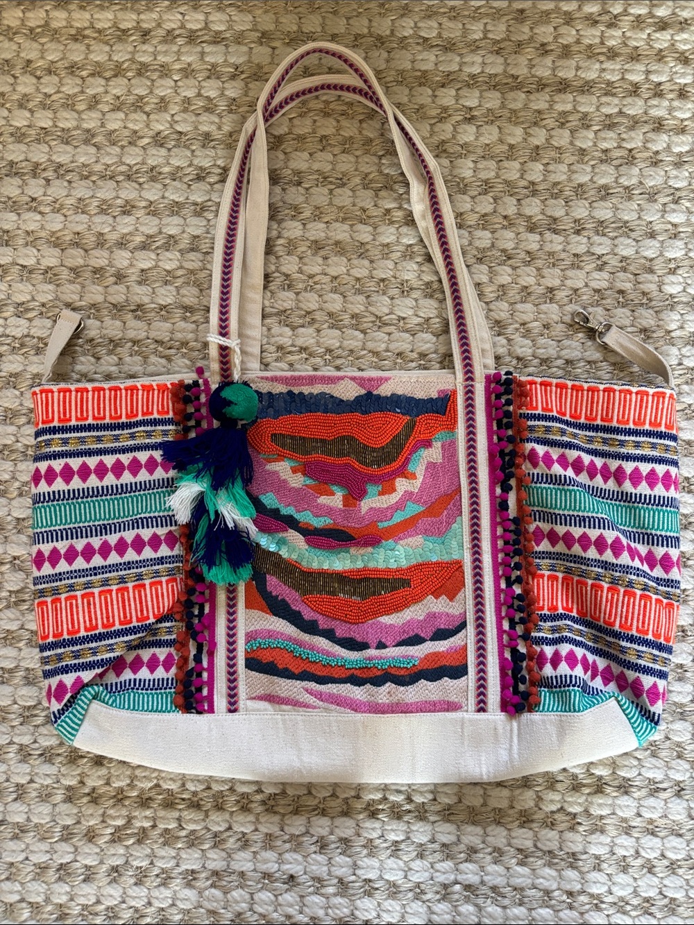 Colorful Embroidered Multicolor Tote Bag with Tassel Accents